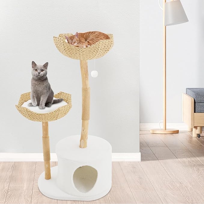 Modern Cat Tree, 47" Cat Tree Tower for Large Cats, Indoor Cat Condo with 2 Spacious Basket & Scratching Posts, Adult Cats Furniture with 2 Hanging Balls, for Living Room, Bedroom