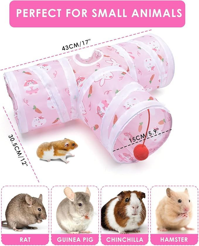 Bissap Guinea Pig Tunnel, Collapsible Hamster Tunnel and Tube 3 Ways Pet Hideout with 1 Play Ball for Indoor Guinea Pig Chinchilla Hamster Rat Small Animal Activity Fun Toys (Pink)