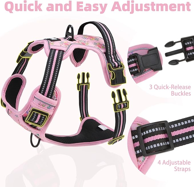 PUPTECK No Pull Tactical Dog Harness Medium Sized, Adjustable Reflective Dog Harness with Handle Easy Control, Comfortable Soft Padded Pet Vest Harness for Medium Dogs, Pink Flowers M