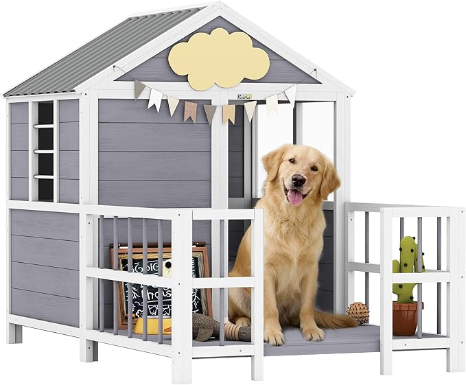 PawHut Dog House Outdoor Indoor, 61" x 41" x 47" Wooden Dog Shelter with Porch, Weatherproof Roof, Elevated Floor, Air Vents & Observation Windows, Large Pet Shelter for Small Medium Large Breeds