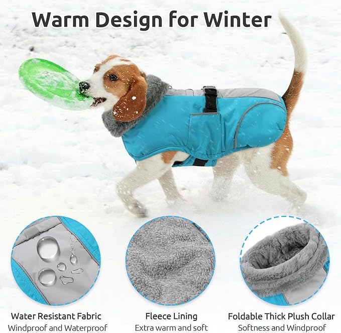 Queenmore Dog Coats for Large Breeds, Dog Snow Jacket, Adjustable Easy On Pet Winter Jackets, Waterproof Cold Weather Pet Coat, Blue, L
