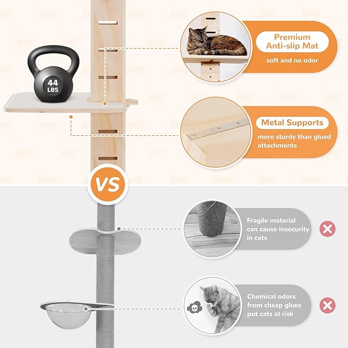 COZIWOW Floor to Ceiling Cat Tree for Large Cats, Cat Tower with Non-Slip Platforms 7 Tier Tall Climbing Pole with Adjustable Height (98-114 Inches) Modern Climbing Tower, Wood, Indoor