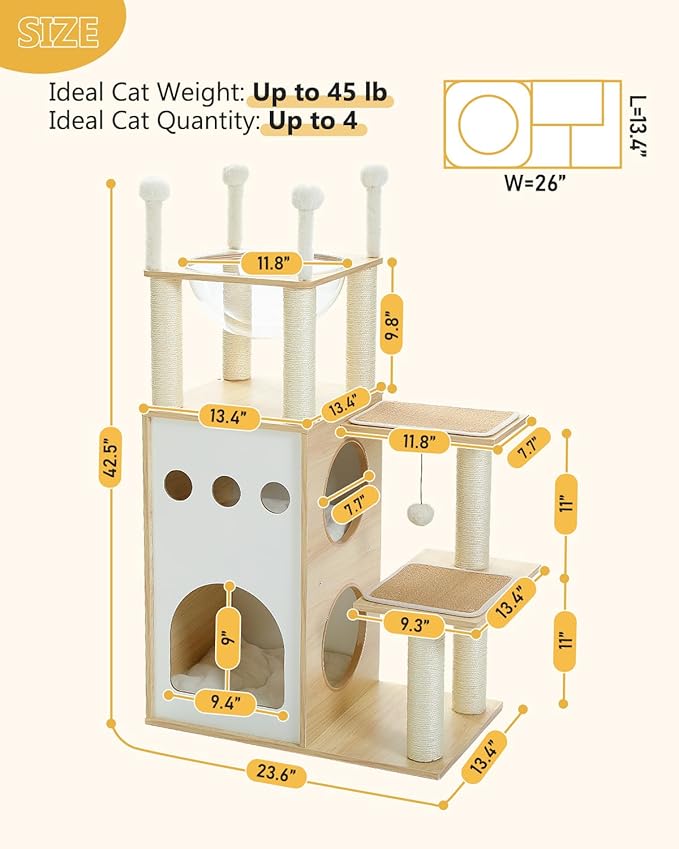 42.5" Modern Wooden Cat Tree with 2-Story Condo, Scratching Posts, Capsule Nest & Dangling Balls - Sky City Design Indoor Furniture for Cats, Beige
