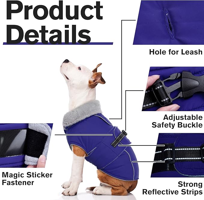 Lelepet Warm Dog Winter Coat Waterproof Dog Jacket with Adjustable Buckle & Leash Hole Reflective Pet Fleece Snowsuit Turtleneck Windproof Cold Weather Coats, Blue, XXXL