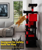 Heavy Duty Cat Tree for Indoor Cat, 71 Inch Large Cat Tower with Scratching Post and Top Perch, Hammock, Big Cat Condo for Adult Cats Kittens, PMT03RD, Black Red