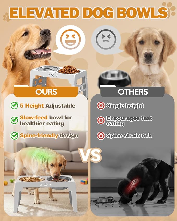 Elevated Dog Bowls for Medium Size Dogs, Non-Slip Dog Feeder with 1*Stainless Steel Dishes & 1*Slow Feeder Bowl, 5 Heights Adjustable Raised Bowls to 3.15″-8.66″-9.84″-11.02″-12.2″