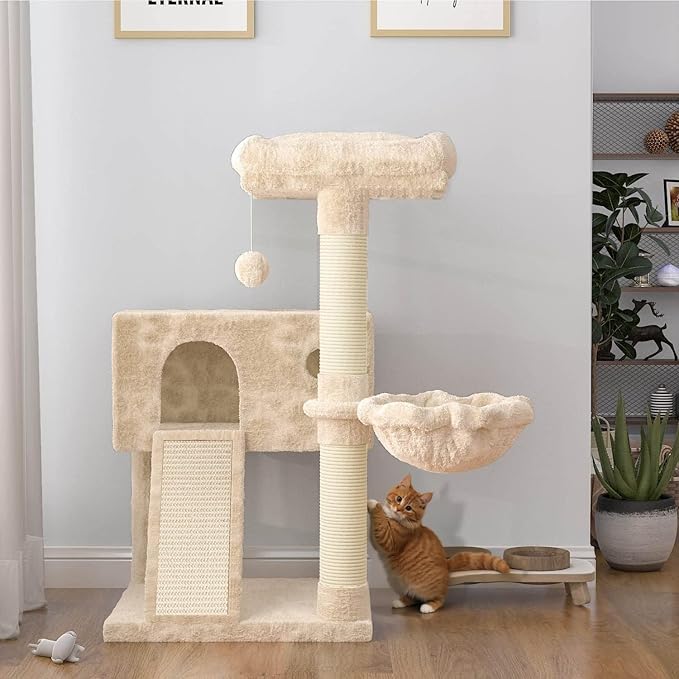 SHA CERLIN Cat Tree 36 Inches Cat Tower with Hammock, Sisal Scratching Post for Indoor Kittens, Small Room, Beige