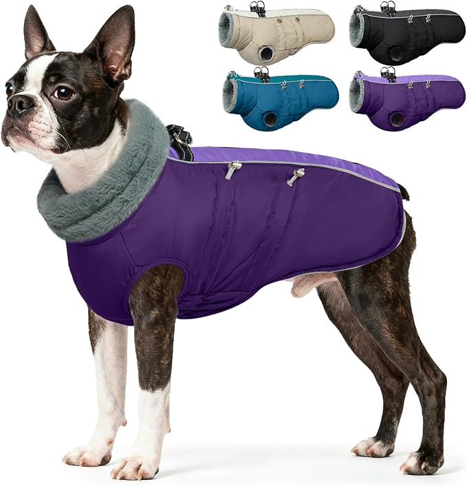 IDOMIK Warm Dog Coat with Harness, Waterproof Reflective Dog Jackets for Small Medium Large Dogs, Fleece High Collar Winter Jacket with Zipper, Pet Winter Snowsuit Clothes for Cold Weather,Purple S
