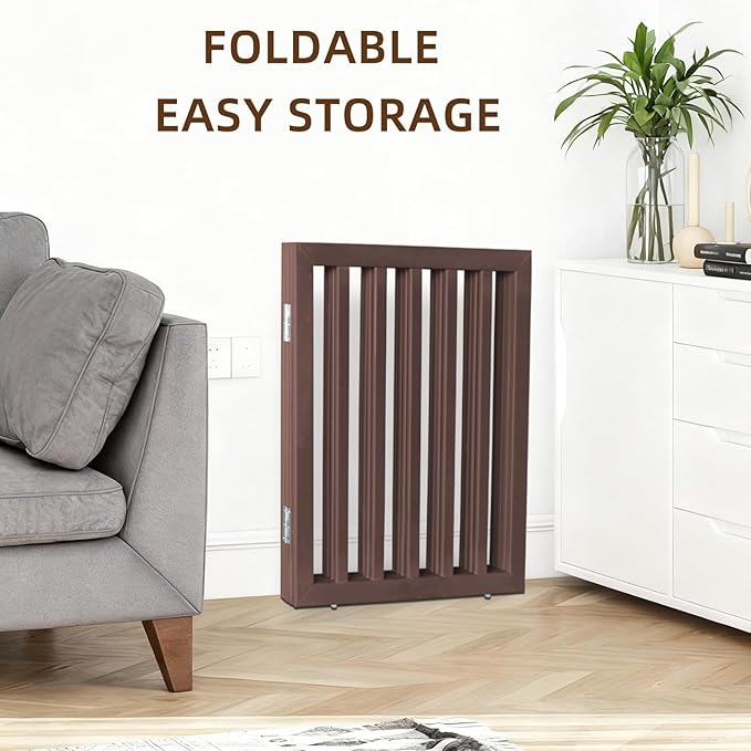 ZJSF Freestanding Indoor Dog Gate for House Foldable Wood Brown Puppy Gate for Doorways Pet Gate for Stairs Extra Wide Pet Fence 32" Height 4 Panels