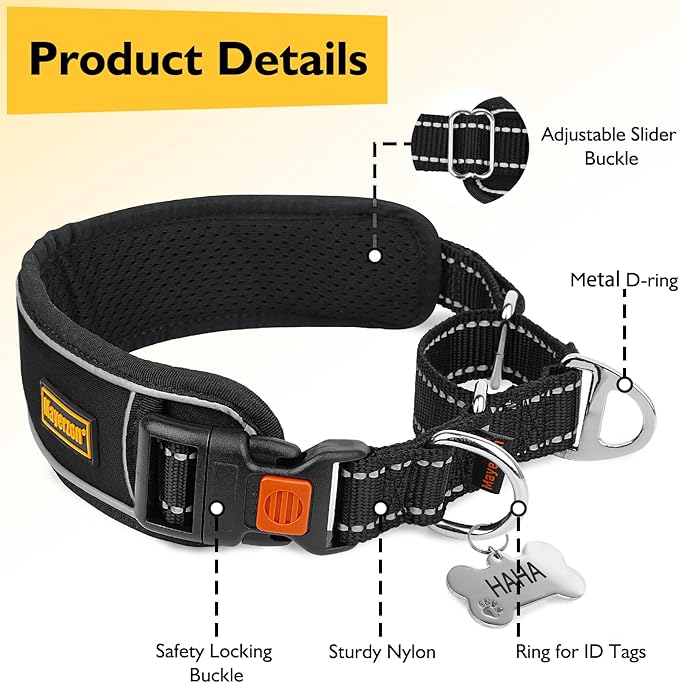 Mayerzon 2 Inch Wide Martingale Collar for Large Dogs, Patented No Pull Walking Training Dog Collar for Pitbull German Shepherd, with Buckle, Reflective Stitching, Adjustable (Black, XL)