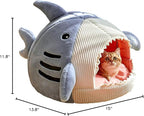 QWINEE Cat Mat Shark-Shaped Kennel Kitten Bed Hideout House Warm Soft Comfortable Semi-Closed Cat Dog Nest Blue S