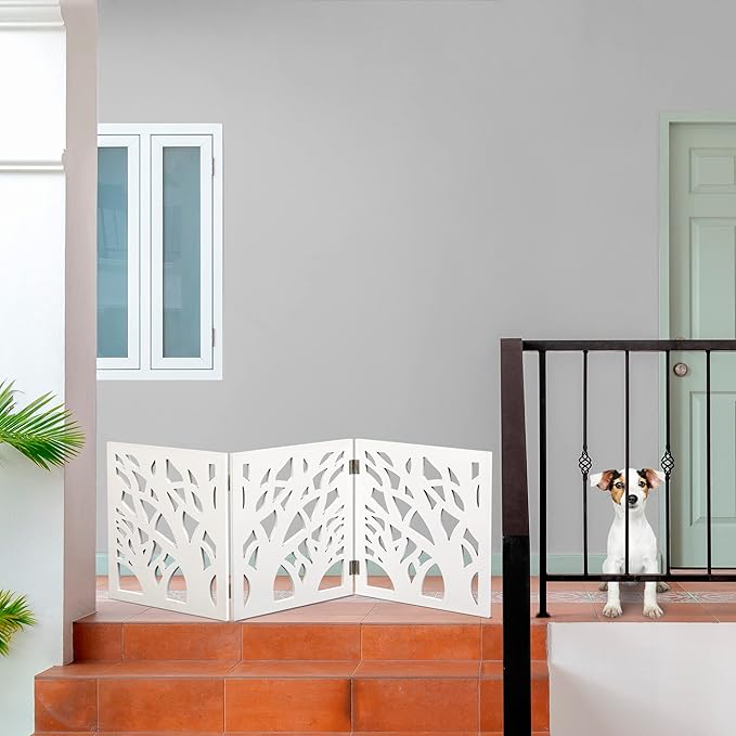 Bundaloo Freestanding Dog Gate Expandable Decorative Wooden Fence for Small to Medium Pet Dogs, Barrier for Stairs, Doorways, & Hallways