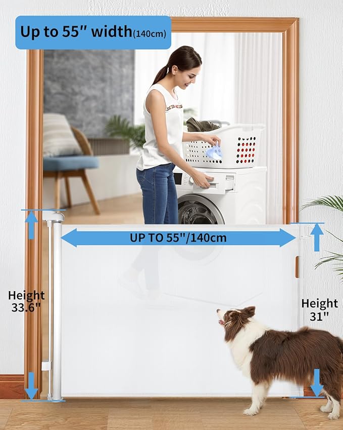 (2 Pack) Retractable Baby Gate for Doorways and Stairs, Mesh Safety Gate for Pet, Indoor & Outdoor Use, One-Hand Operation, Easy Installation, 33.6" Tall, Expands to 55" Wide（White,33.6"x55"