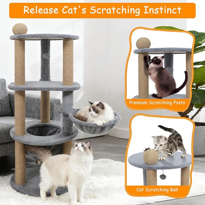 PETSITE Multi-Level Cat Tree, 47 Inches Tall with Jute Scratching Posts, Nest, Rotatable Cat Basket, Dangling Ball, and Top Scratching Ball, Ideal for Indoor Cats to Play and Rest