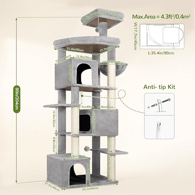 Globlazer Extra Large Cat Tree Tower for Indoor Cats Large Adult, 80in Tall Heavy Duty Cat Tree with 3 Spacious Cat Condos, Oversized Fan-Shaped Perch, 6 Full Sisal Scratching Posts, S80, Light Grey