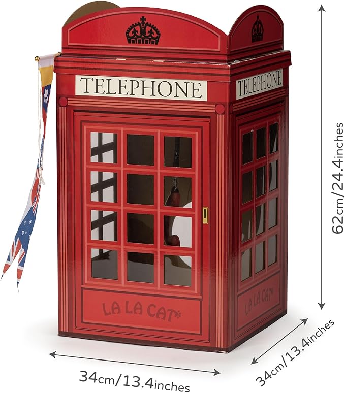 The British Red Telephone Booth Cat House Features a Flag Teaser Wand for Cats