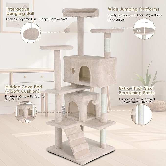 Cat Tree Tower, Sisal-Covered Scratching Posts, Condo, Hammock, Dangling Ball, and Extended Platform, Big Cat House & Furniture, 54" Tall, Beige
