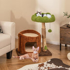 PETSITE 29 Inch Small Cat Tree for Indoor Cats, Modern Wooden Cute Cat Tree with Jute Scratching Post, Tree-Shaped Spring Toy, Teasing Hanging Ball and Teddy Fleece Covered Condo