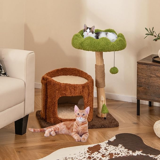 PETSITE 29 Inch Small Cat Tree for Indoor Cats, Modern Wooden Cute Cat Tree with Jute Scratching Post, Tree-Shaped Spring Toy, Teasing Hanging Ball and Teddy Fleece Covered Condo
