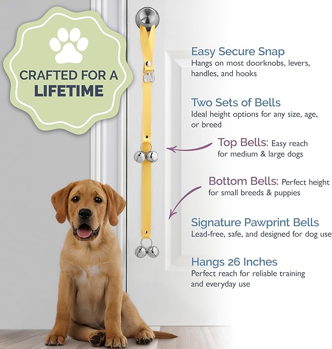 PoochieBells Dog Door Bells for Potty Training, Quick & Easy Puppy Potty Training Method Included, Handcrafted in USA with Loud, Paw-Safe Bells, Lemon Drop