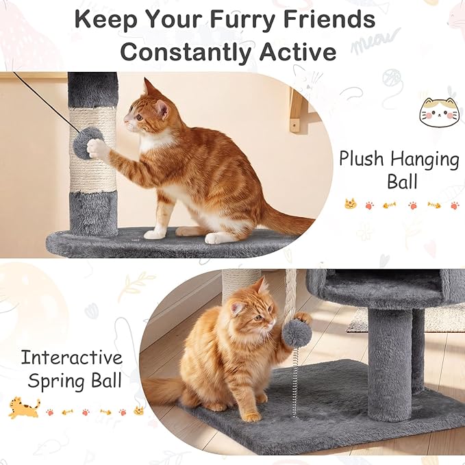 Tangkula 36 Inch Cat Tree Tower, Multi-Level Cat Tower with Condo, Top Perch, Sisal Scratching Posts & Hanging Rope, Spring & Hanging Balls, Climbing Platforms for Indoor Cats and Kittens (Light Gray)