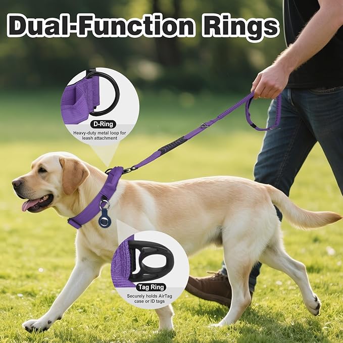 Joytale Tactical Dog Collar for X-Large Dogs with Control Handle, Heavy Duty Military Training Collar for Power Breeds, AirTag Holder Case, Quick Release Metal Buckle, Soft Padded, XL, Purple
