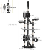PawHut Floor to Ceiling Cat Tree, 240-260cm Adjustable Height Cat Tower with Scratching Posts, Cat Houses, Ramps, Hammocks, Toy Balls, Tunnel for Indoor Cats - Dark Grey