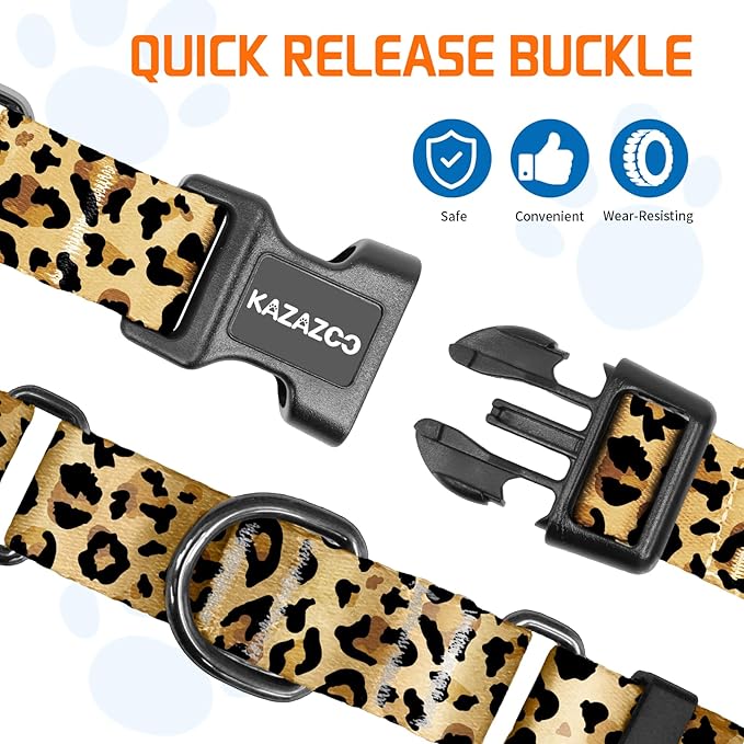 Kazazoo Martingale Collar for Dogs with Quick Release Buckle Adjustable Soft Durable Dog Collar for Small Medium Large No Pull Training Dog Collars-Brown Leopard L
