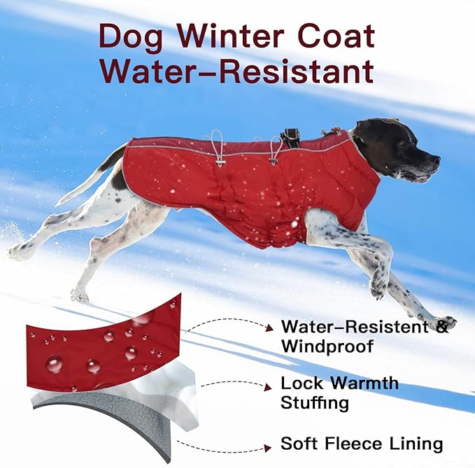 Medium Dog Coat - Warm Zip Up Snowsuit Dog Harness Vest, Reflective Water-Resistant Dog Jacket for Medium Dogs - Red