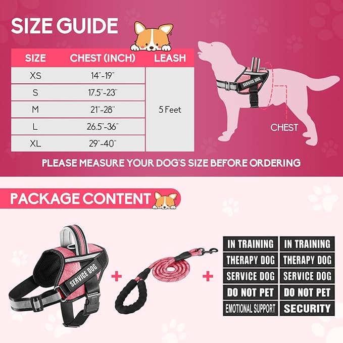 Service Dog Vest Harness and Leash Set, Animire in Training Dog Harness with 10 Dog Patches, Reflective Dog Leash with Soft Padded Handle for Small, Medium, Large, and Extra-Large Dogs (Rosy,L)