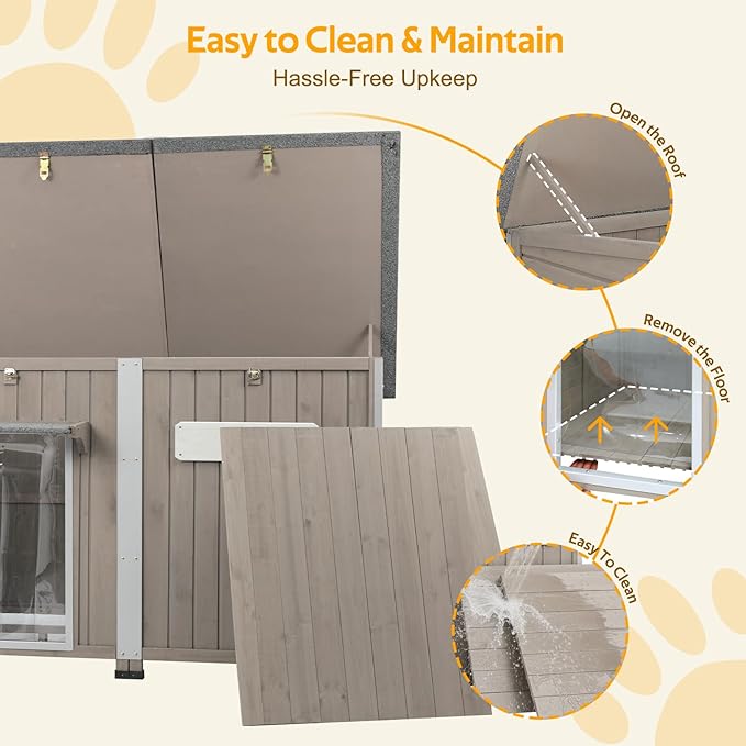 55"L Dog House Outdoor Large Breed Extra XL Wooden Dog House with Weatherproof Asphalt Roof, All-Around Iron Frame, Removable Floor, Openable Top Roof, Air Vents Window, Chew-Proof Frame Gray