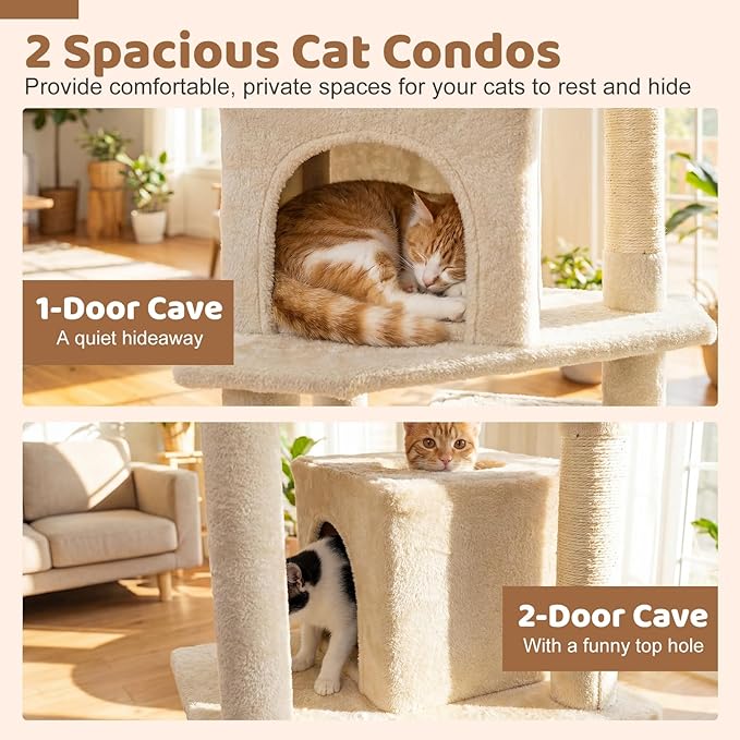 DORTALA 57" Tall Cat Tree, Multi-Level Cat Tower with 2 Large Condos, Sisal Scratching Posts, Top Perch, Hammock, Pet Play House Climbing Furniture for Indoor Adult Cats & Kittens (Beige)