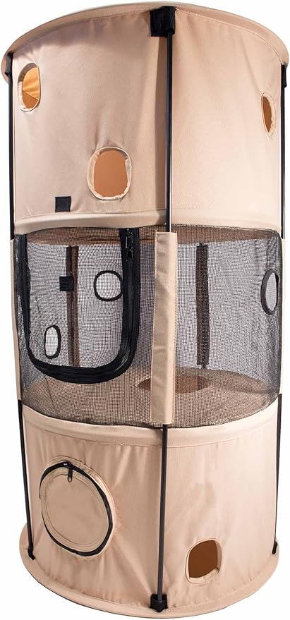PET LIFE 'Climber-Tree' Play-Active Travel Collapsible Lightweight Kitty Cat Tree House Lounger, One Size, Khaki