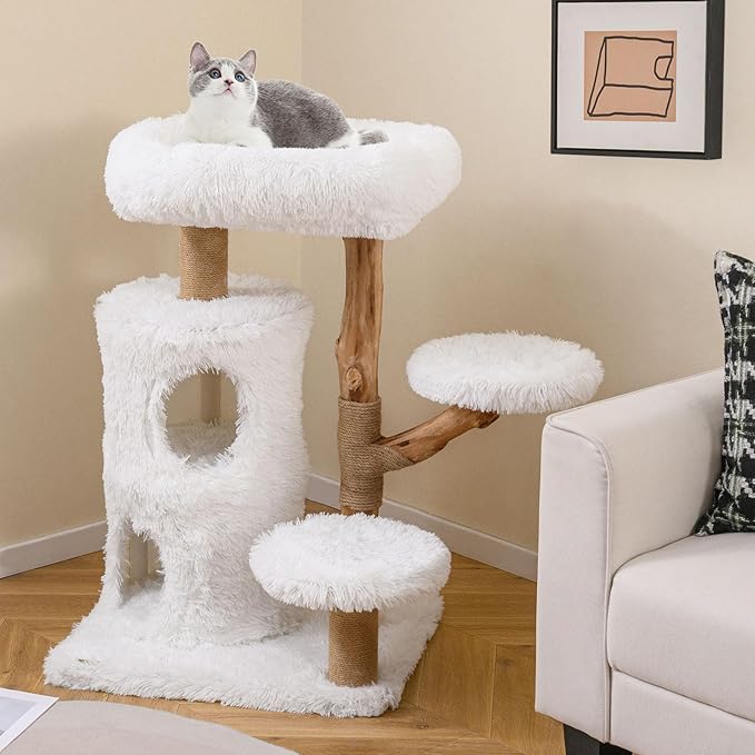 PETSITE 30.5 Inches Wooden Cat Tree, Multi-Level Modern Cat Tree with Scratching Posts, 2-Layer Condo, Long Plush Covered Soft Top Perch, and Various Jumping Platforms, Ideal for Indoor Cats