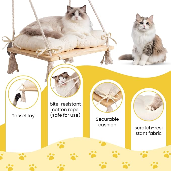 Cat Window Perch, Suction Cup Window Hammock Seat Beds for Indoor Cats with Soft Cushion and Solid Pine Wood