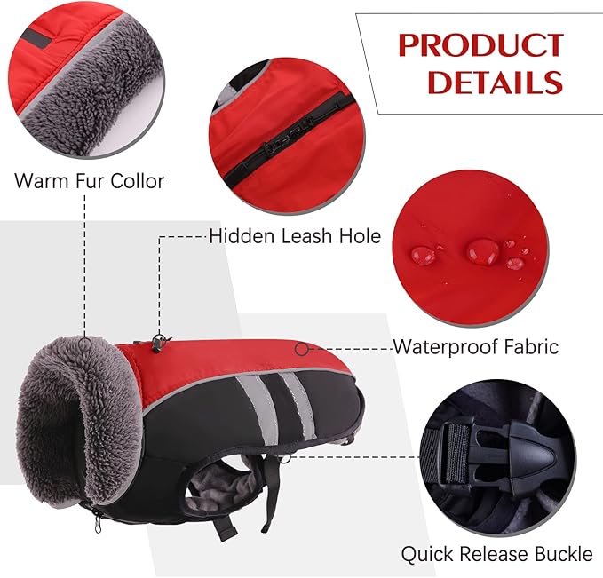 QBLEEV Warm Dog Coat Reflective Dog Winter Jacket, Waterproof Windproof Dog Turtleneck Clothes for Cold Weather, Fleece Dog Snowsuit Christmas Dog Vest Pet Apparel for Small Medium Large Dogs XL