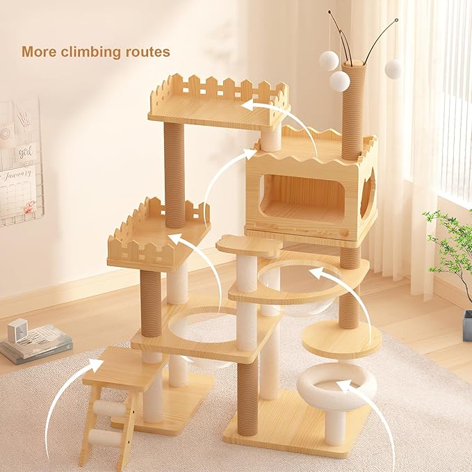 66.9 Inch Modern Cat Tower, Tall Wooden Cat Climbing Stand with Condo, Scratching Posts, Ladder, Hammock and Hanging Toys, Cat Condo with Acrylic Hammock for Multi-Cat Households