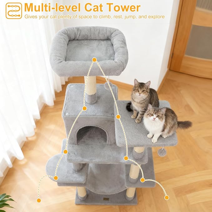 DORTALA Cat Tree for Indoor Cats, 58" Tall Cat Tower with Top Perch, Condo, Hammock, Sisal Scratching Posts, 3 Dangling Balls, Platforms, Multi-Level Pet Climbing Furniture Playground (Light Grey)