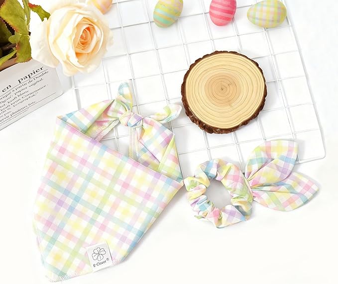 E-Clover Spring Easter Dog Bandanas & Matching Scrunchie Set Cute Girl Dog Scarf Bibs Pet Bandana with Bow Tie for Small Dogs Puppy Owner Mom Colorful Plaid