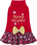 CuteBone Christmas Dog Sweater Dress Turtleneck Puppy Sweater with Bowtie Harness Hole Pullover Winter Dress for Medium Dogs DS53XXL