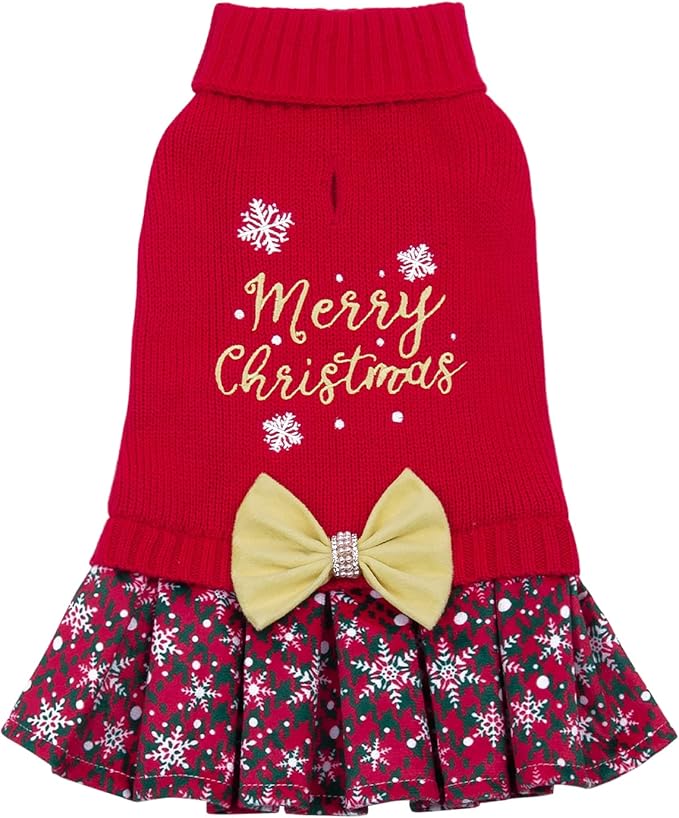 CuteBone Christmas Dog Sweater Dress Turtleneck Puppy Sweater with Bowtie Harness Hole Pullover Winter Dress for Small Dogs