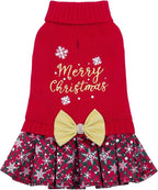 CuteBone Christmas Dog Sweater Dress Turtleneck Puppy Sweater with Bowtie Harness Hole Pullover Winter Dress for Medium Dogs
