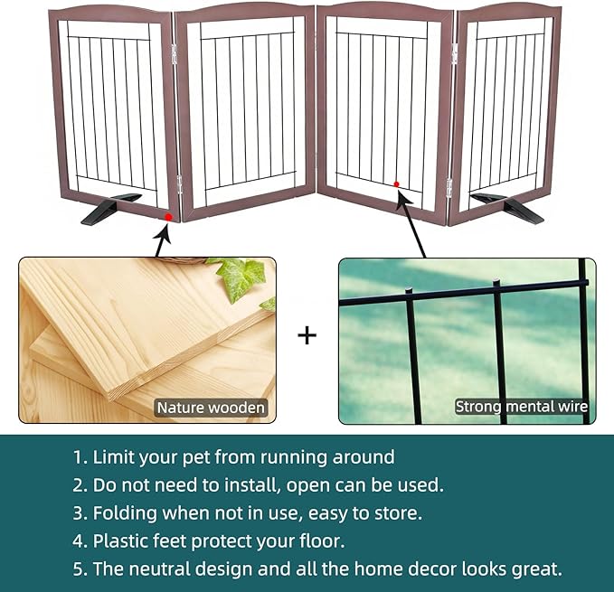 Dog Fence Indoor,Dog Gate Indoor for Doorway pet gate -4-Panel Freestanding, Hallways, House or Stairs -80x24-Inch Retractable Foldable Expandable Wood Pet by SFJC (Brown) ﻿