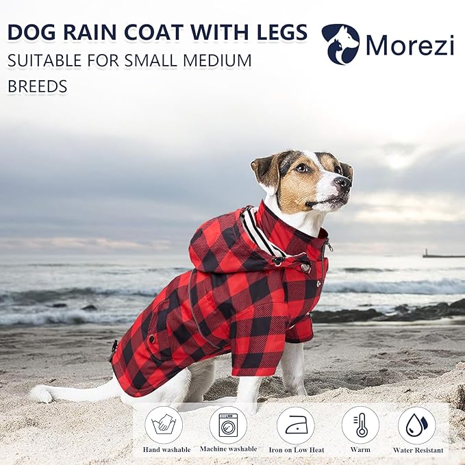 Dog rain Coat Waterproof Raincoat Puppy Jacket with Legs Buttons Zipper Hood Drawstring Fit for Yorkie Terrier Schnauzer Poodle Border Collie Labrador Golden Retriever 8lbs to 80lbs Red XXL