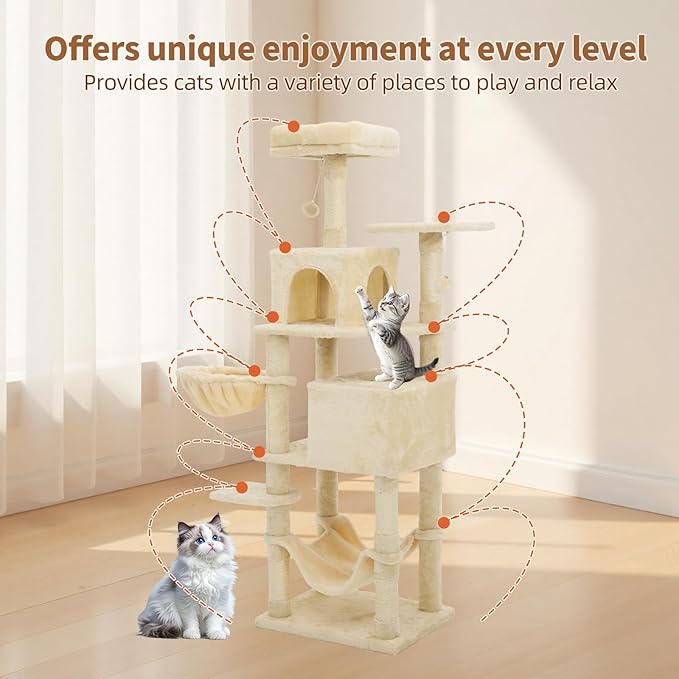 61 Inch Cat Tree with Platform & Hammock, Plush Perch Scratcher & Playhouse for Indoor Cats(Beige)