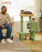 32" Cactus Cat Tree Tower for Indoor Cats - 2 Cozy Condos, Multi-Level Cat Scratching Posts with Sisal, Soft Padded Perch, 2 Dangling Toys, Green