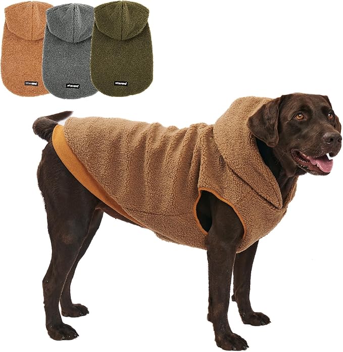 Tuff Pupper Fleece Dog Hoodie Sweater | Teddy Sherpa Outer & Soft Polar Fleece Lining | Adjustable Fit Winter Coat with Hood, Leash Hole, Ribbed Cuffs | for Small Medium Large XL XXL Dogs (Brown, XL)