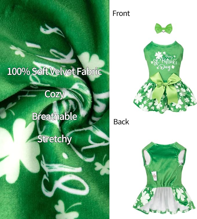 CuteBone St.Patrick's Day Dog Green Dress Velvet for Small Dogs Girl Puppy Dresses Clover Dog Clothes CVA14XS-D