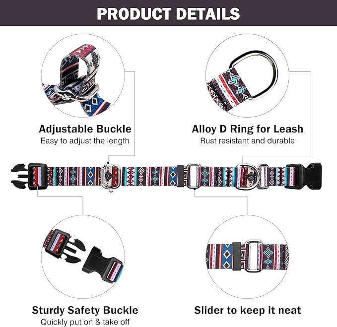 Hikiko Martingale Collar for Dogs with Bohemia Tribal Pattern Soft Nylon Strong Dog Collars for Small Medium Large Dogs Walking Training (Tribal,Large)