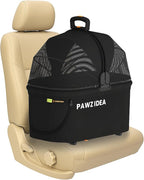 PAWZIDEA Portable Small Dog Crate for Car Travel up 33lbs, Enclosed Dog Car Seat Soft-Sided, Escape-Proof Reversible No-Zip Canopy, Foldable Pet Carrier Seatbelt for Small Medium Puppies & Cats Kennel